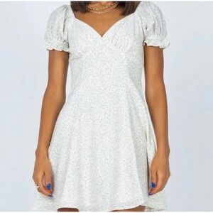 Princess Polly Floral Puff Sleeve Mini Dress Cream White Ditsy Print US 4